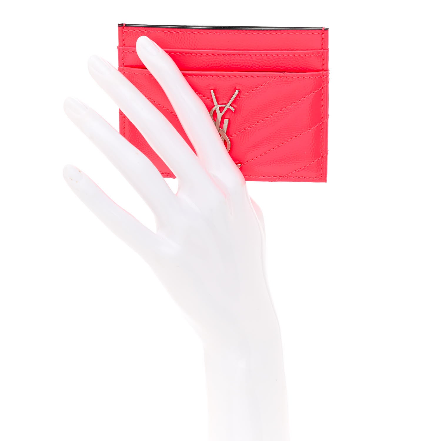 Saint Laurent Grain De Poudre Matelasse Chevron Monogram Credit Card Case Neon Pink 2 of 9