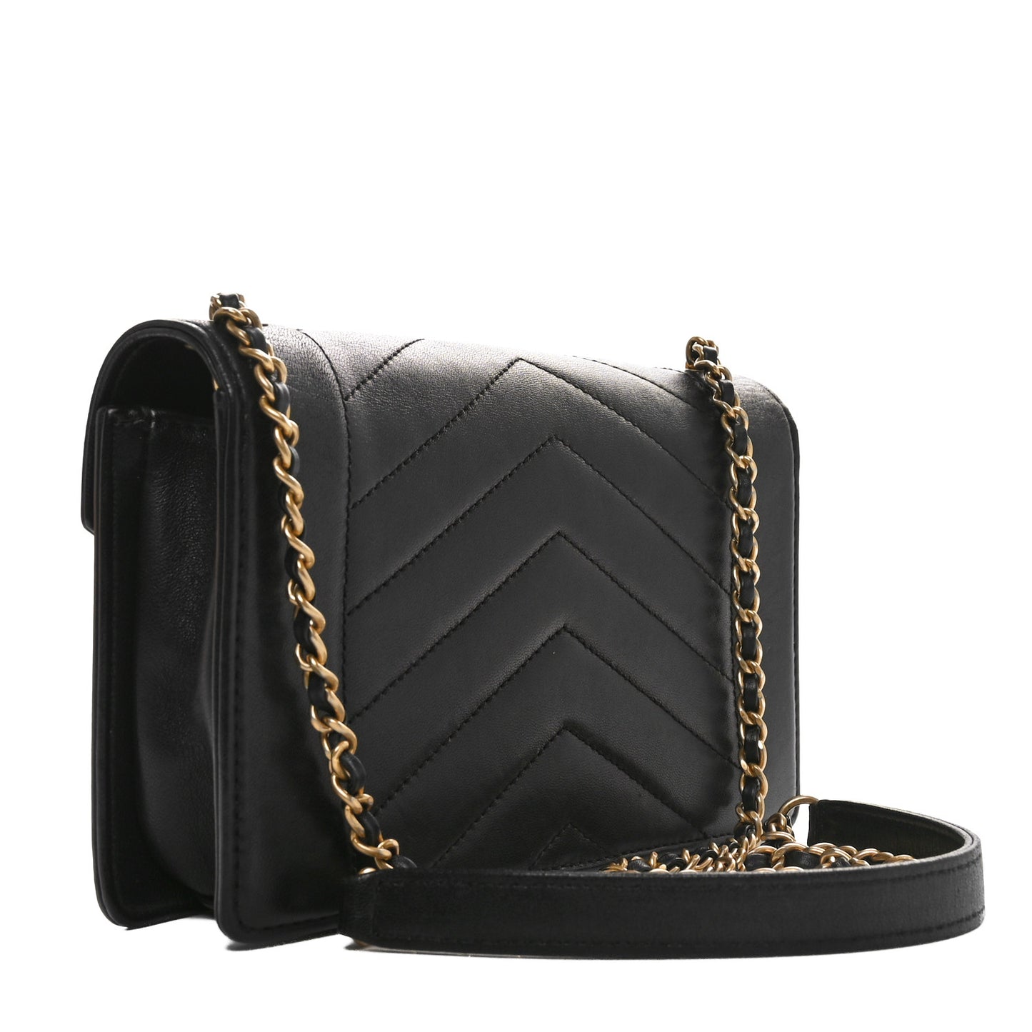 Lambskin Reversed Chevron Quilted Flap Black