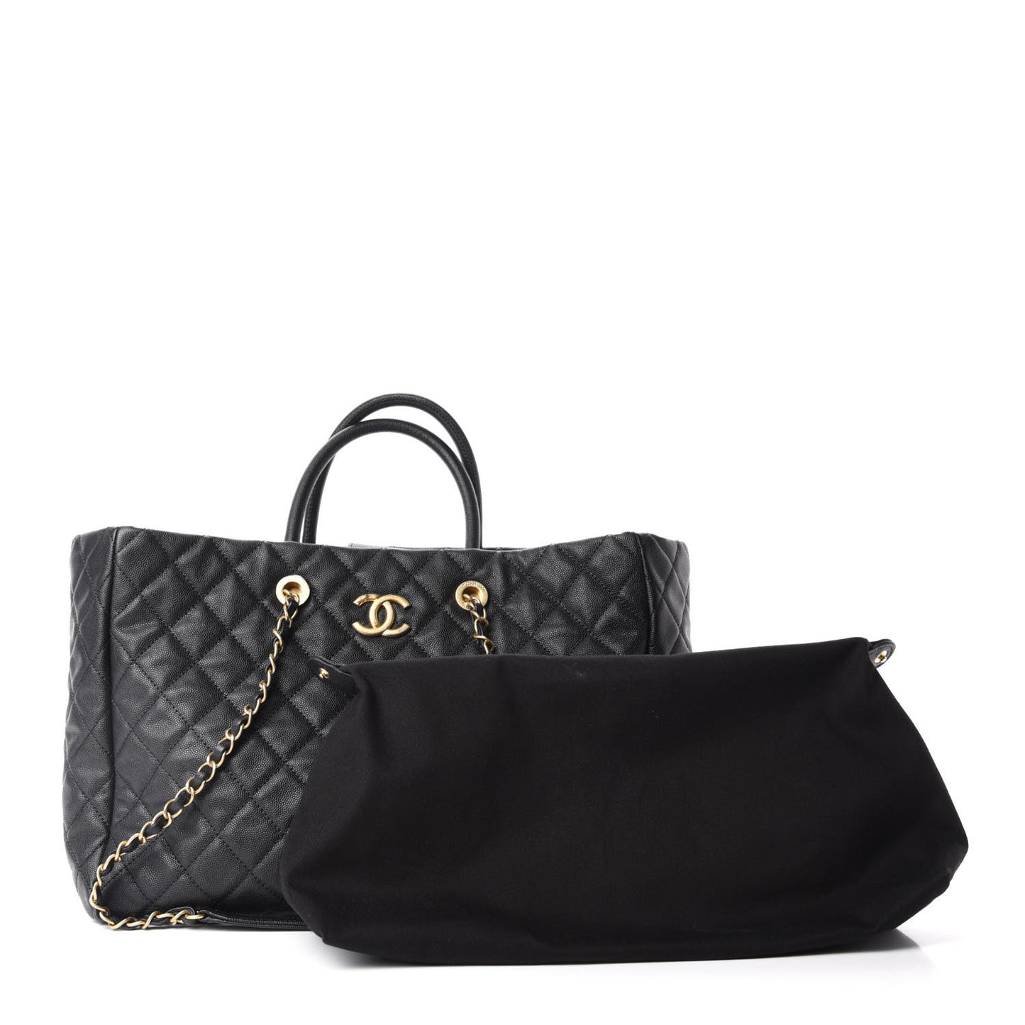 Caviar Quilted Large Coco Handle Shopping Tote Black