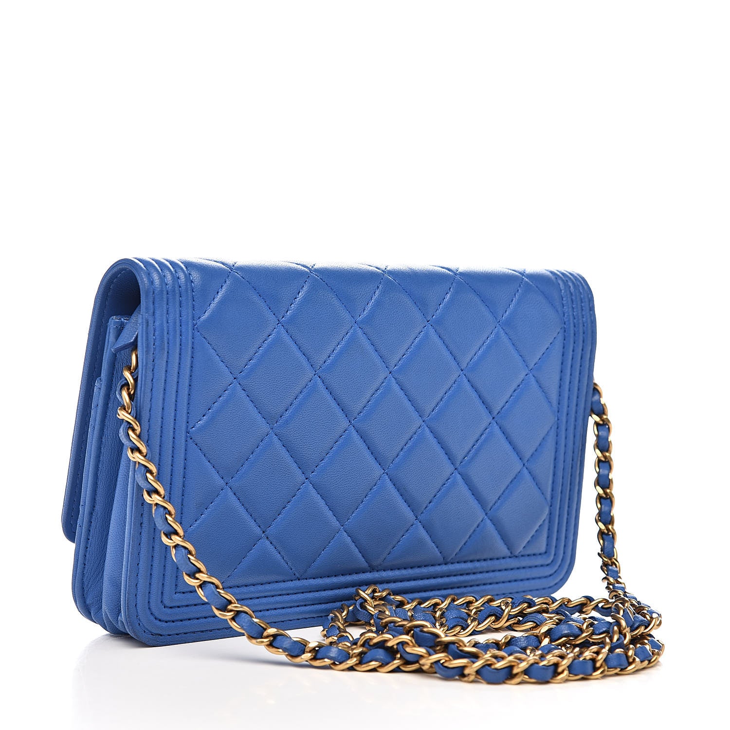 Chanel Lambskin Quilted Boy Wallet On Chain WOC Blue 3 of 14
