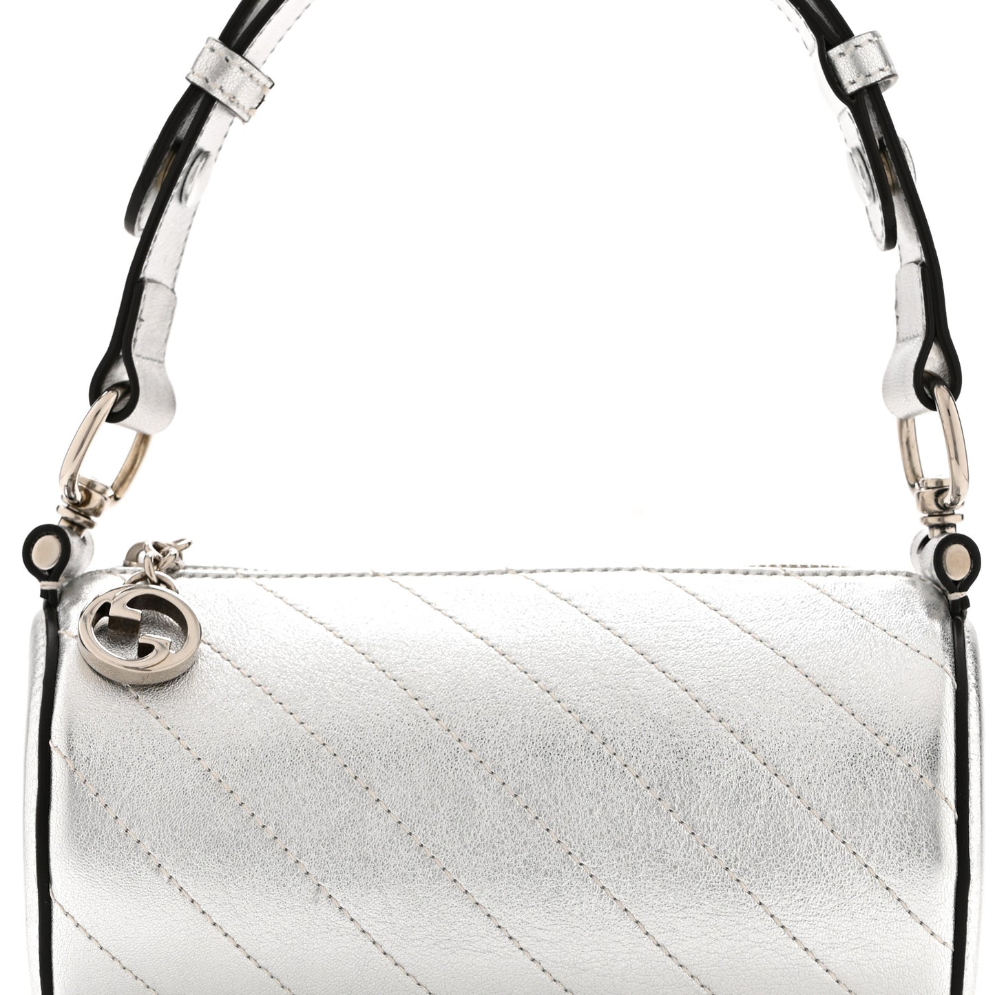 Sakai Be Green Calfskin Diagonal Stitched Mini Blondie Barrel Shoulder Bag Silver