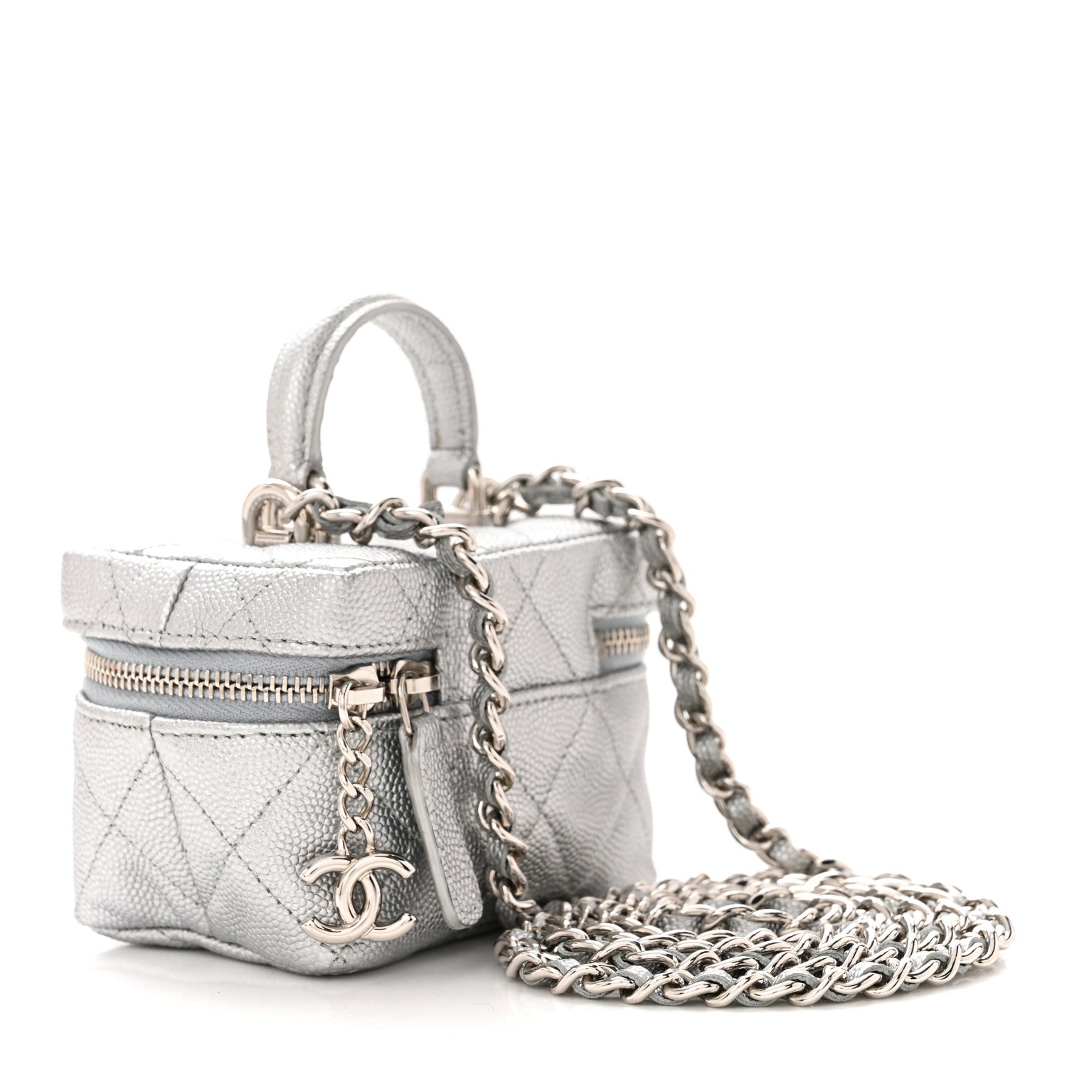 Chanel Metallic Caviar Quilted Mini Top Handle Vanity With Chain Silver 3 of 11
