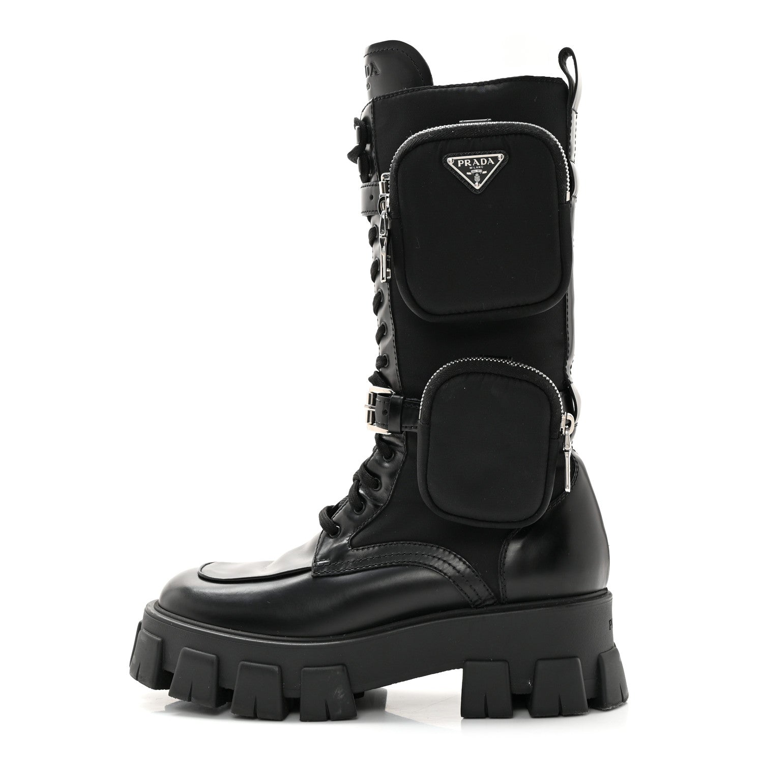 Prada Spazzolato Rois Re-Nylon Metal Triangle Logo Monolith Pouch Pocket 55mm Tall Combat Boots 39.5 Black 1 of 13