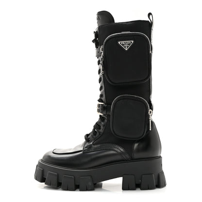 Prada Spazzolato Rois Re-Nylon Metal Triangle Logo Monolith Pouch Pocket 55mm Tall Combat Boots 39.5 Black 1 of 13