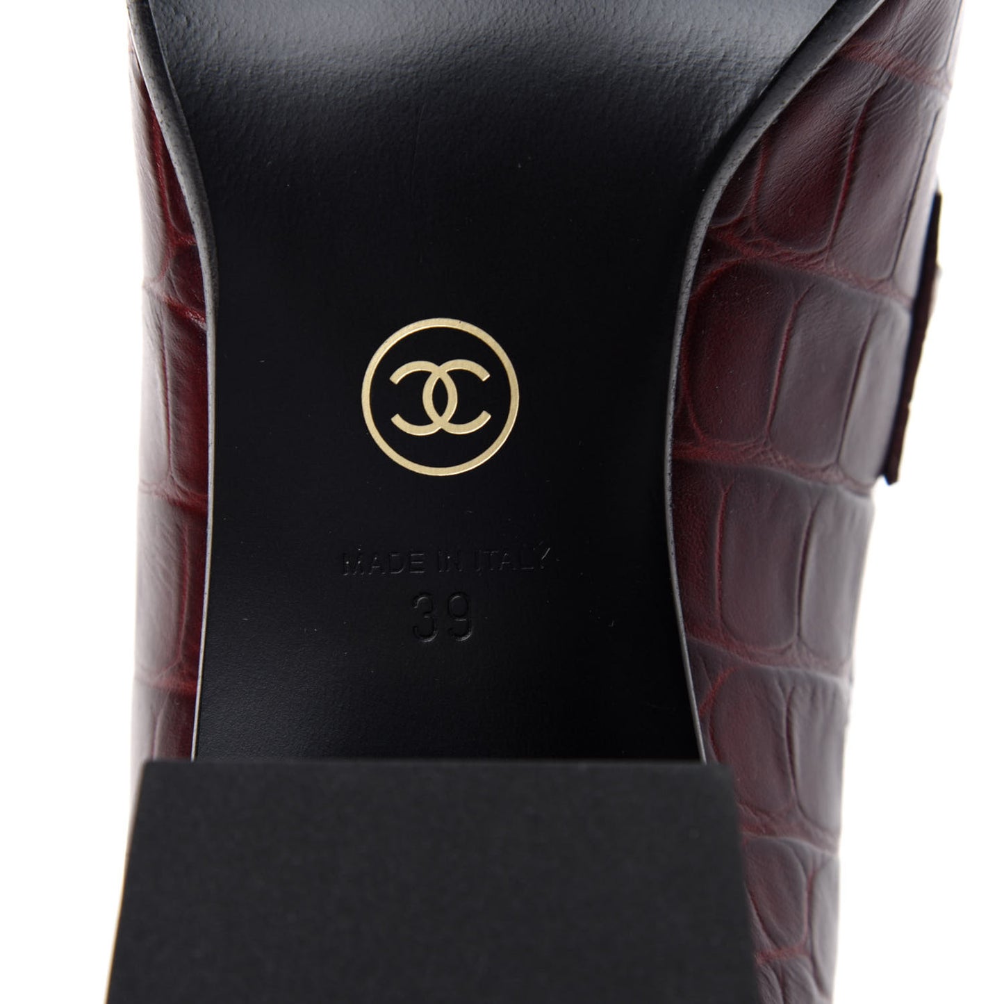 Crocodile Embossed Calfskin CC Chain Mocassin Loafers 39 Burgundy Black