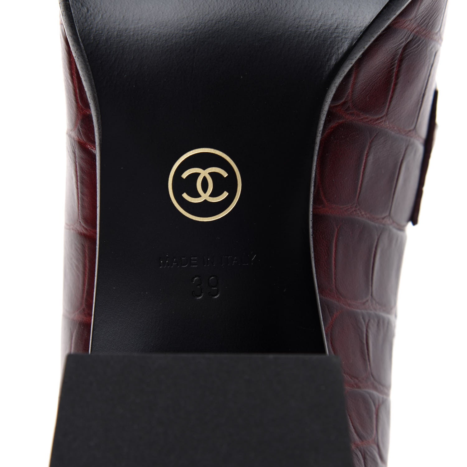 Chanel Crocodile Embossed Calfskin CC Chain Mocassin Loafers 39 Burgundy Black 9 of 11