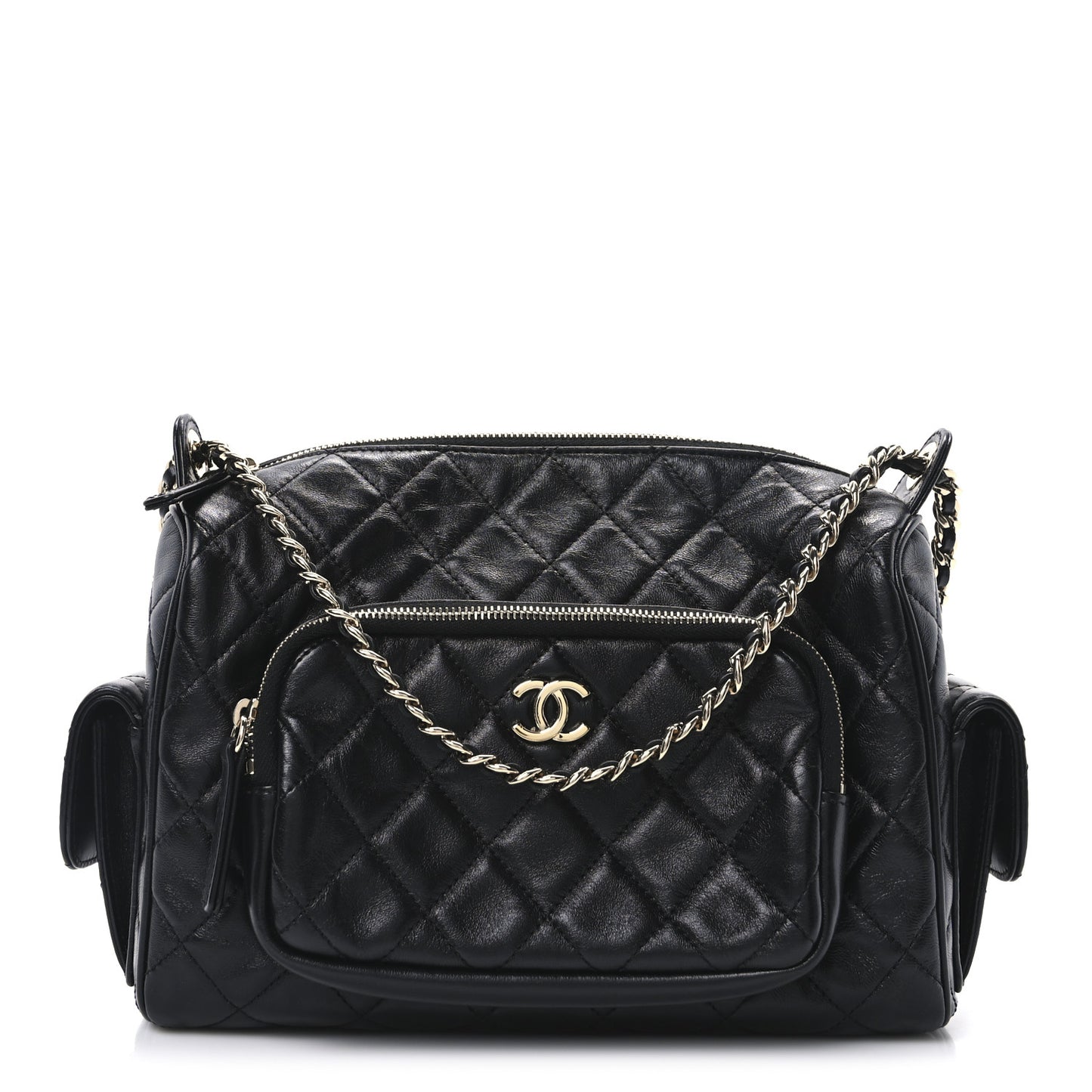Shiny Crumpled Lambskin Quilted Medium Preppy Pocket Camera Case Black