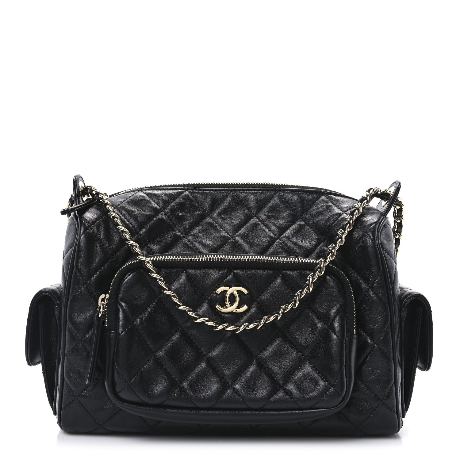 Chanel Shiny Crumpled Lambskin Quilted Medium Preppy Pocket Camera Case Black 1 of 10
