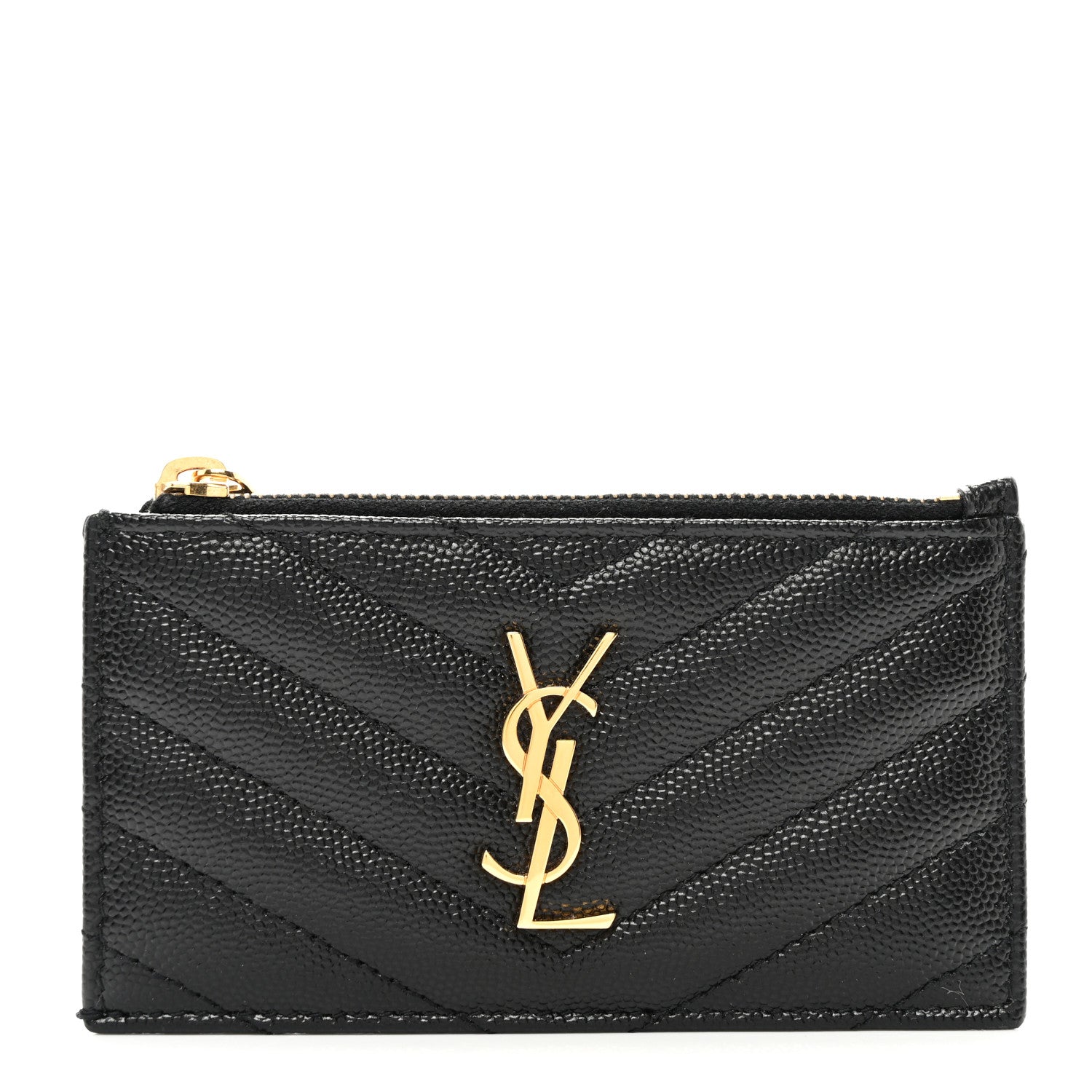 Saint Laurent Grain De Poudre Matelasse Chevron Monogram Fragments Zippered Card Case Black 1 of 7