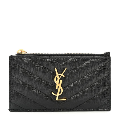 Saint Laurent Grain De Poudre Matelasse Chevron Monogram Fragments Zippered Card Case Black 1 of 7