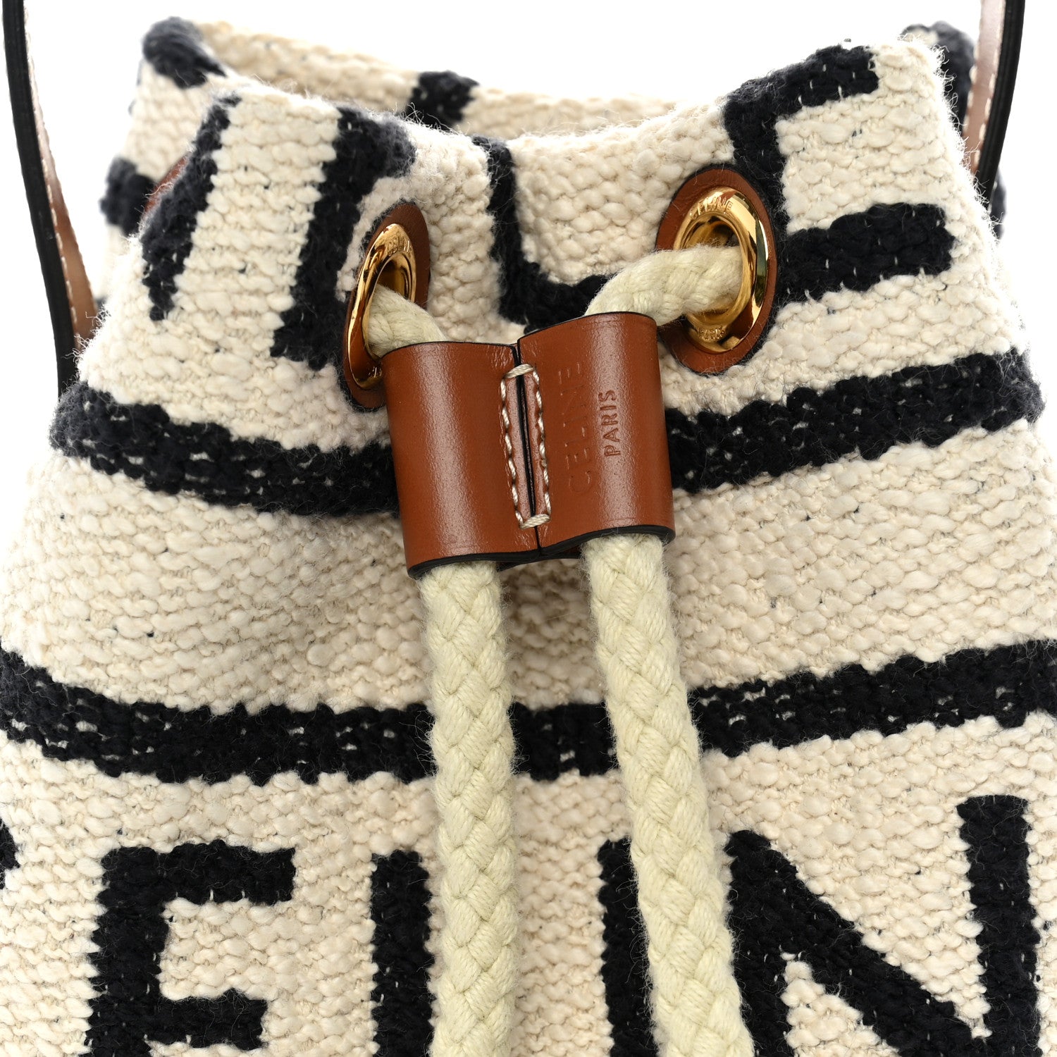 Celine Canvas Drawstring Logo Bucket Bag White Black 7 of 9