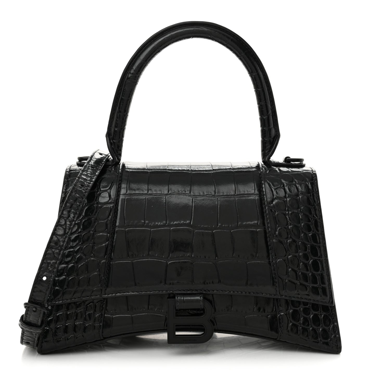 Shiny Calfskin Monochrome Crocodile Embossed Small Hourglass Top Handle Bag Black