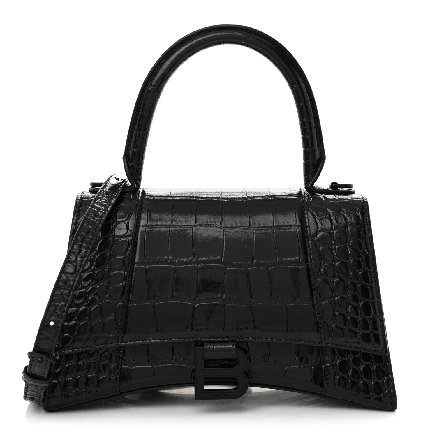 Balenciaga Shiny Calfskin Monochrome Crocodile Embossed Small Hourglass Top Handle Bag Black 1 of 13