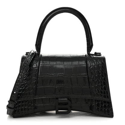 Balenciaga Shiny Calfskin Monochrome Crocodile Embossed Small Hourglass Top Handle Bag Black 1 of 13