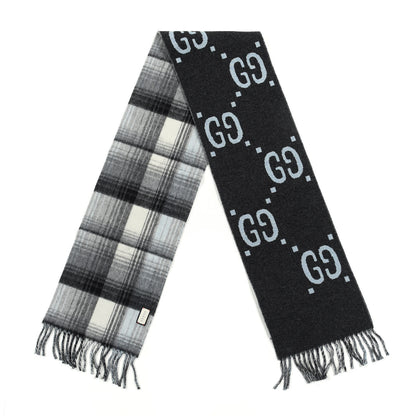 Gucci Wool GG Monogram Plaid Tartan Free Scarf Grey 2 of 4