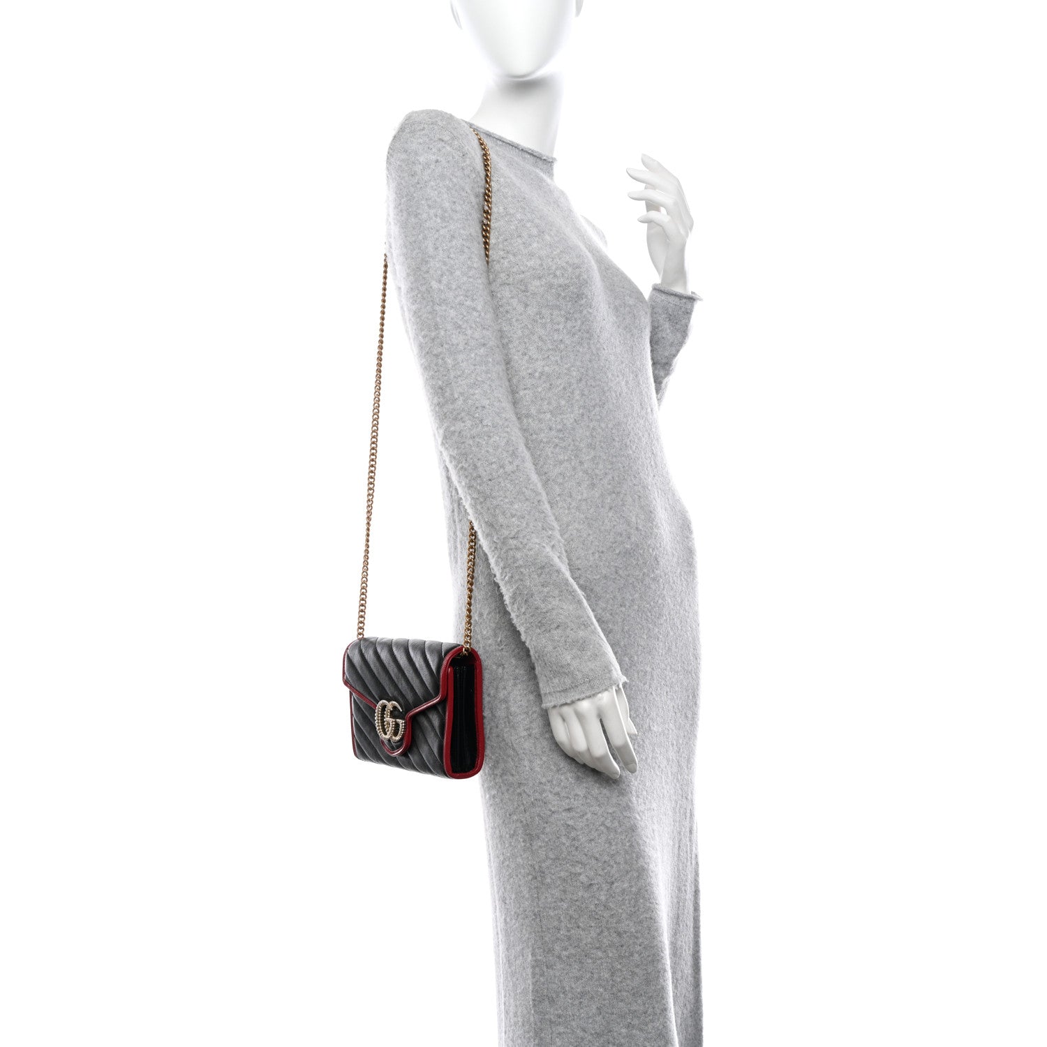 Gucci Vintage Effect Calfskin Matelasse Diagonal Torchon GG Marmont Chain Wallet Black Romantic Cherry 2 of 11