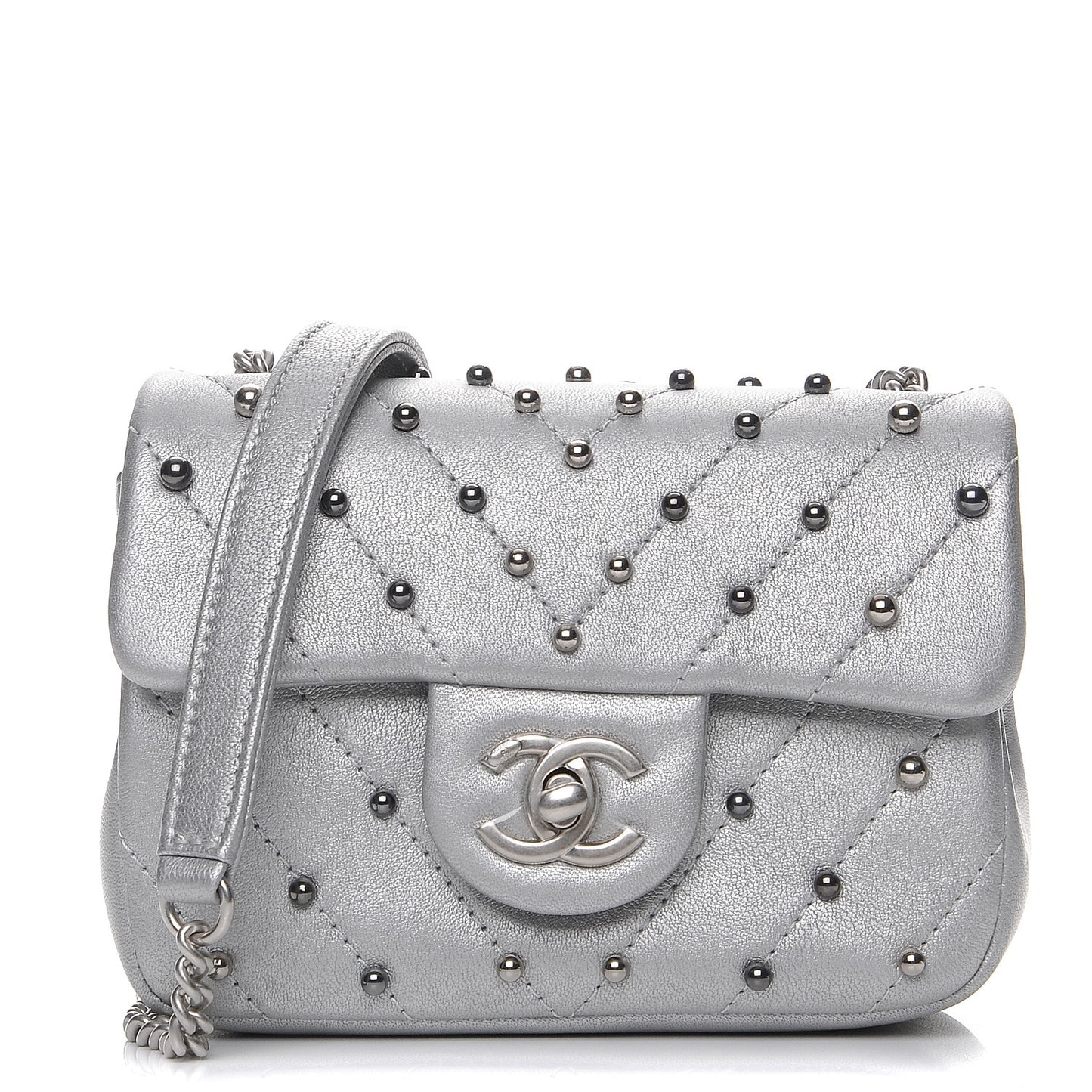Metallic Lambskin Chevron Quilted Studded Mini Flap Silver