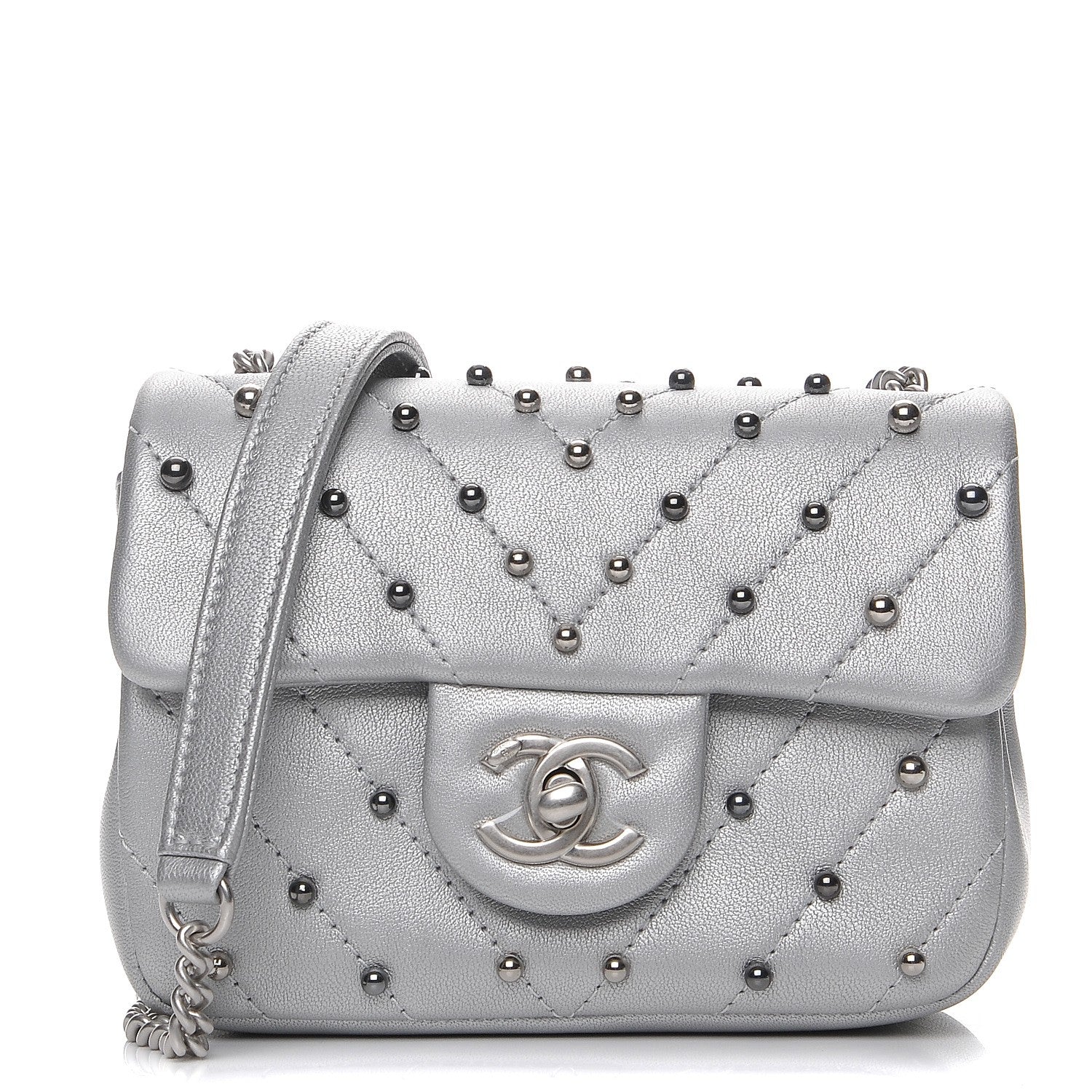 Chanel Metallic Lambskin Chevron Quilted Studded Mini Flap Silver 1 of 7