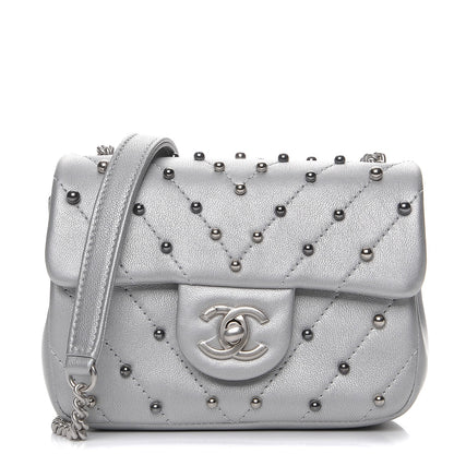 Chanel Metallic Lambskin Chevron Quilted Studded Mini Flap Silver 1 of 7