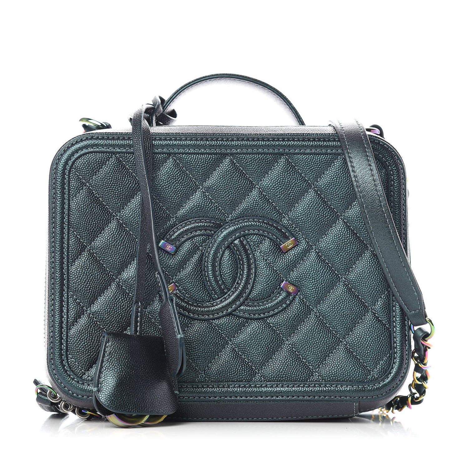 Iridescent Caviar Quilted Medium CC Filigree Vanity Case Dark Turquoise