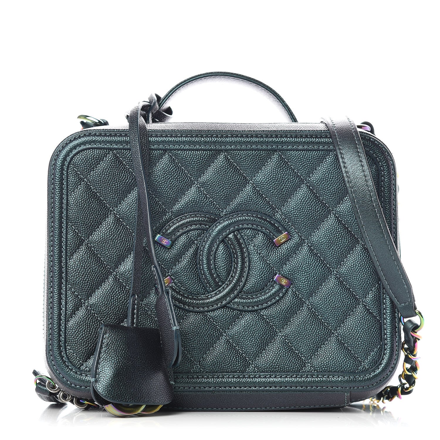 Chanel Iridescent Caviar Quilted Medium CC Filigree Vanity Case Dark Turquoise 1 of 9