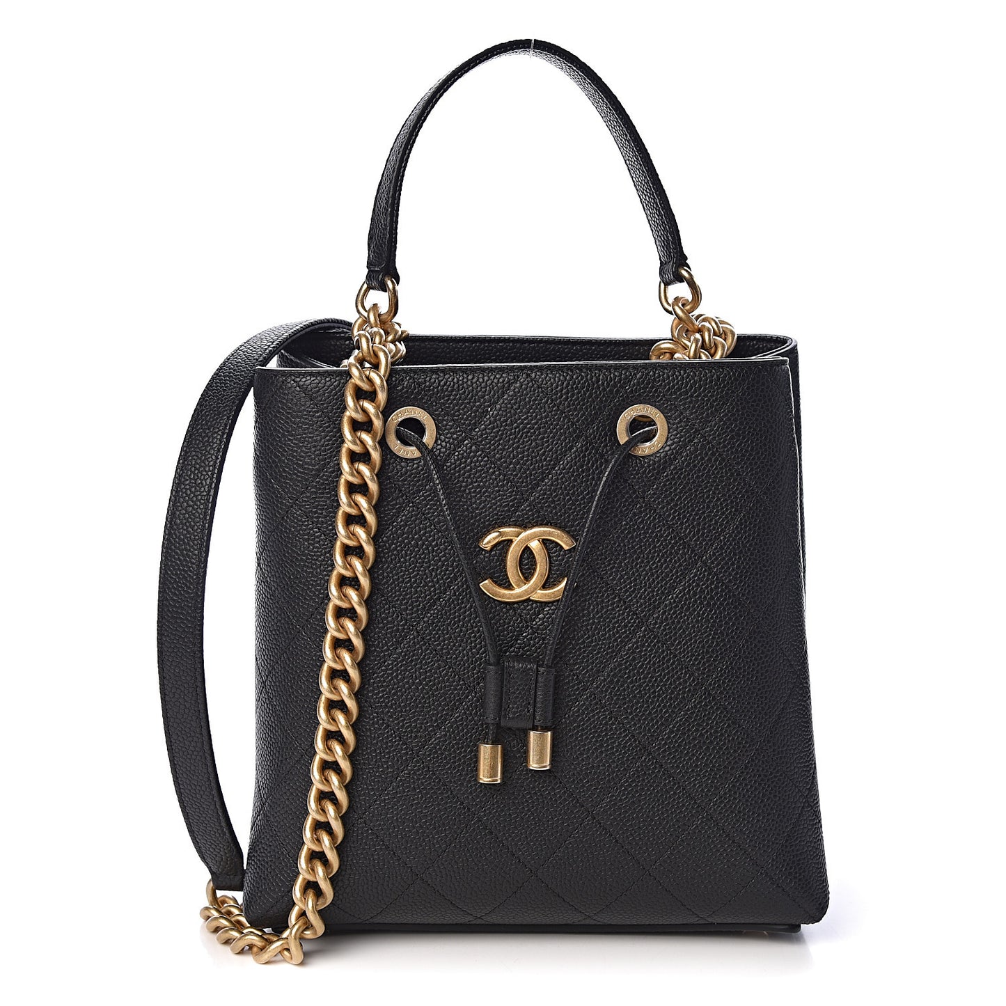 Grained Calfskin Stitched Small Drawstring Bag Black