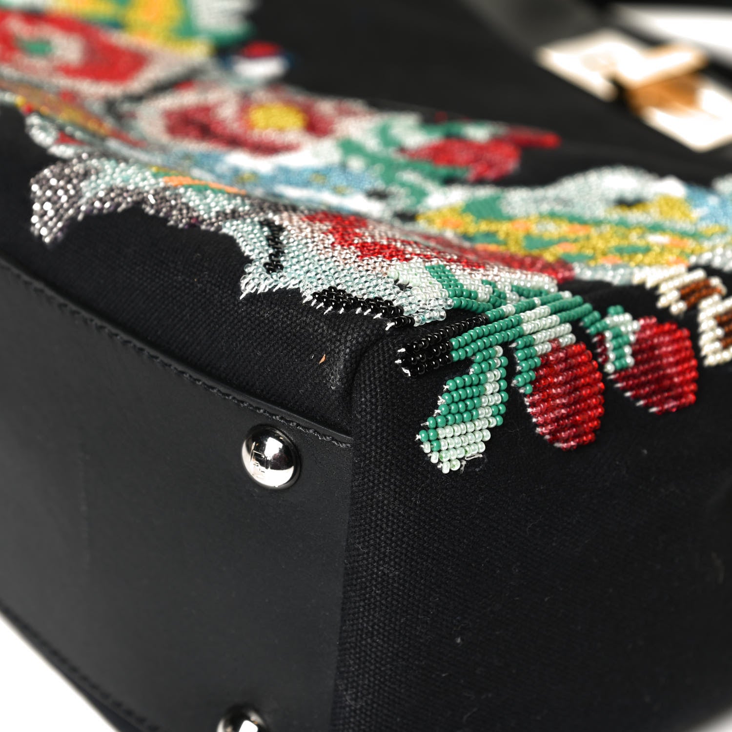Fendi Canvas Beaded Floral Medium Peekaboo Iconic Satchel Black 12 of 14