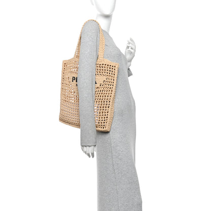 Prada Yarn Raffia Effect Crochet Logo Embroidered Tote Bag Naturale 2 of 9