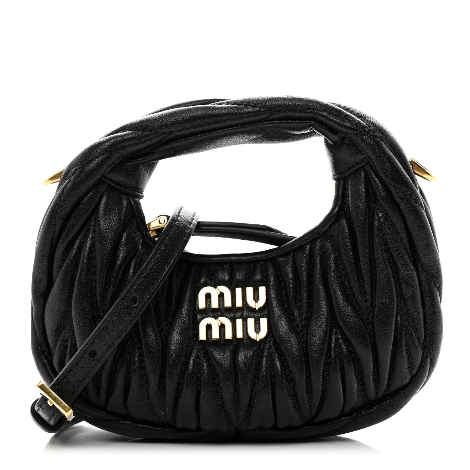MIU MIU Nappa Matelasse Micro Wander Hobo in the color Black by FASHIONPHILE