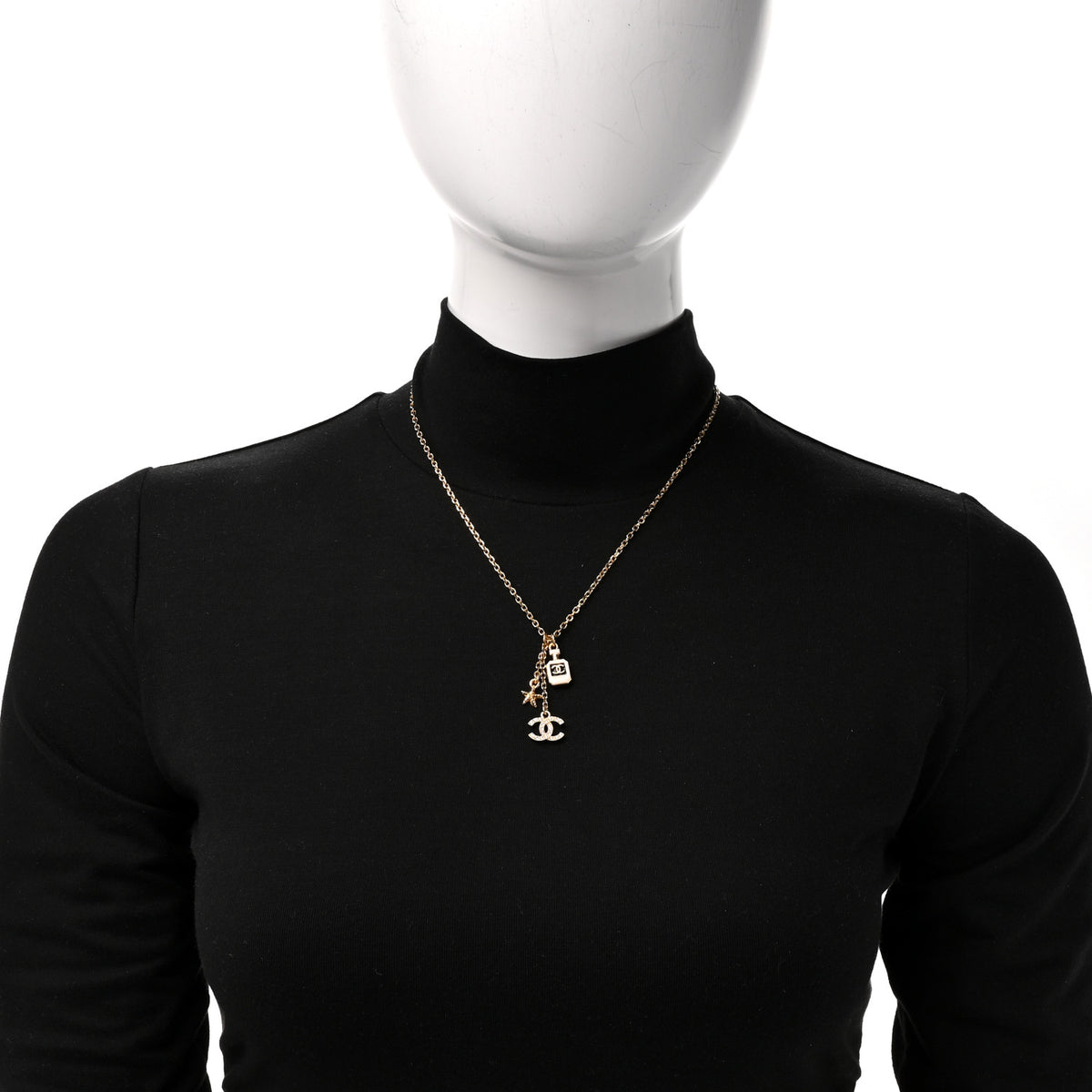 Chanel Metal Crystal CC Perfume Bottle Necklace Gold White 2 of 5