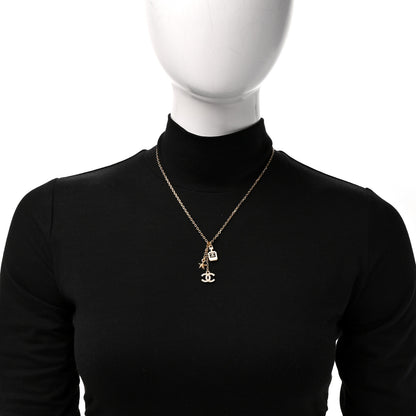 Chanel Metal Crystal CC Perfume Bottle Necklace Gold White 2 of 5