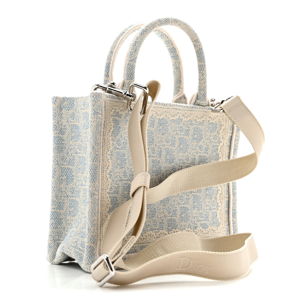 Christian Dior Washed Embroidery Oblique Lace Dior Medallion Mini Book Tote With Strap Celeste Blue Ecru 3 of 13