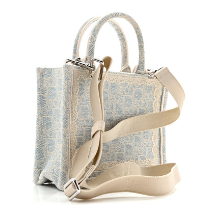 Christian Dior Washed Embroidery Oblique Lace Dior Medallion Mini Book Tote With Strap Celeste Blue Ecru 3 of 13
