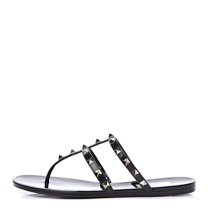 Valentino Garavani PVC Jelly Rockstud Caged Flat Thong Sandals 38 Black 1 of 9