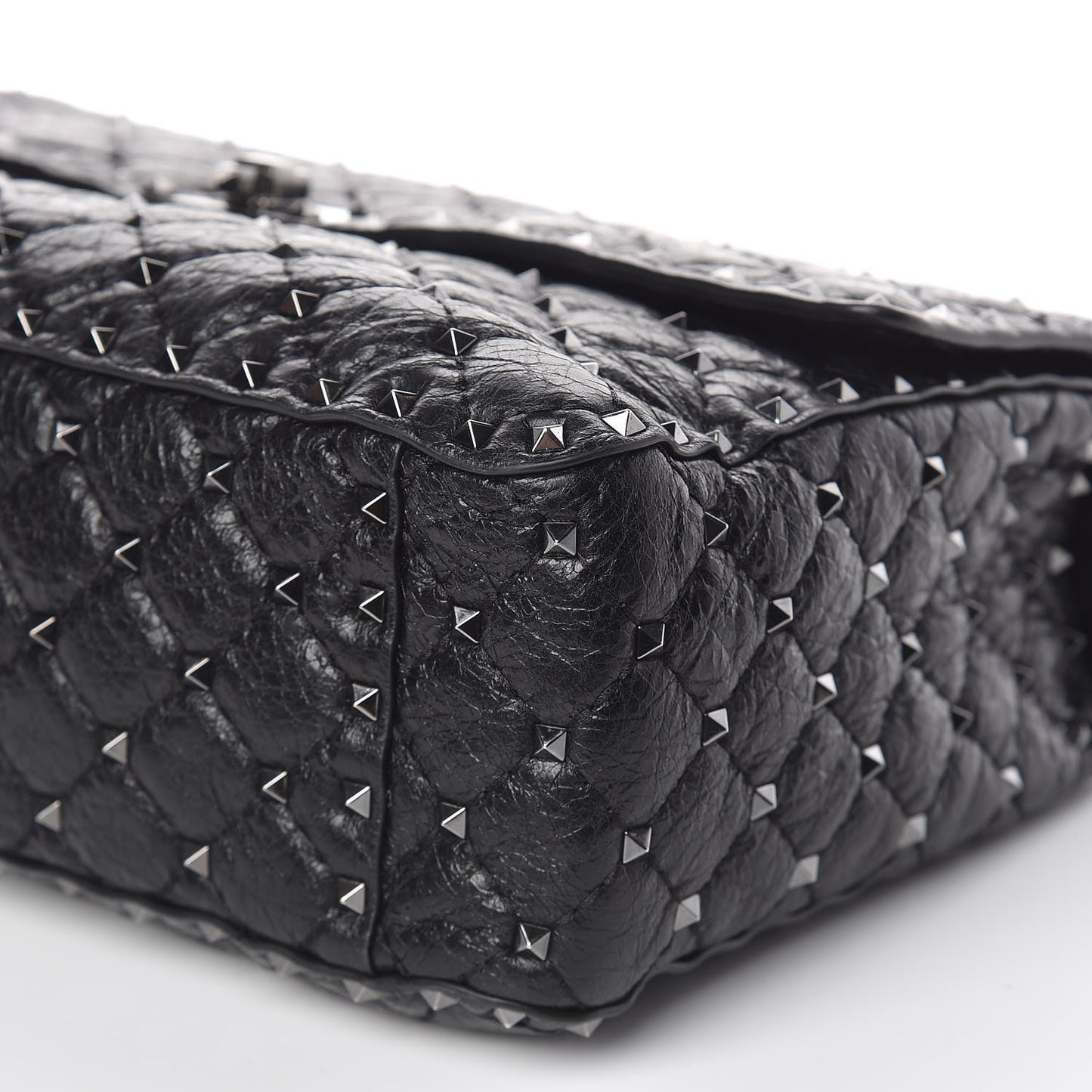 Craquele Nappa Large Rockstud Spike Shoulder Bag Black