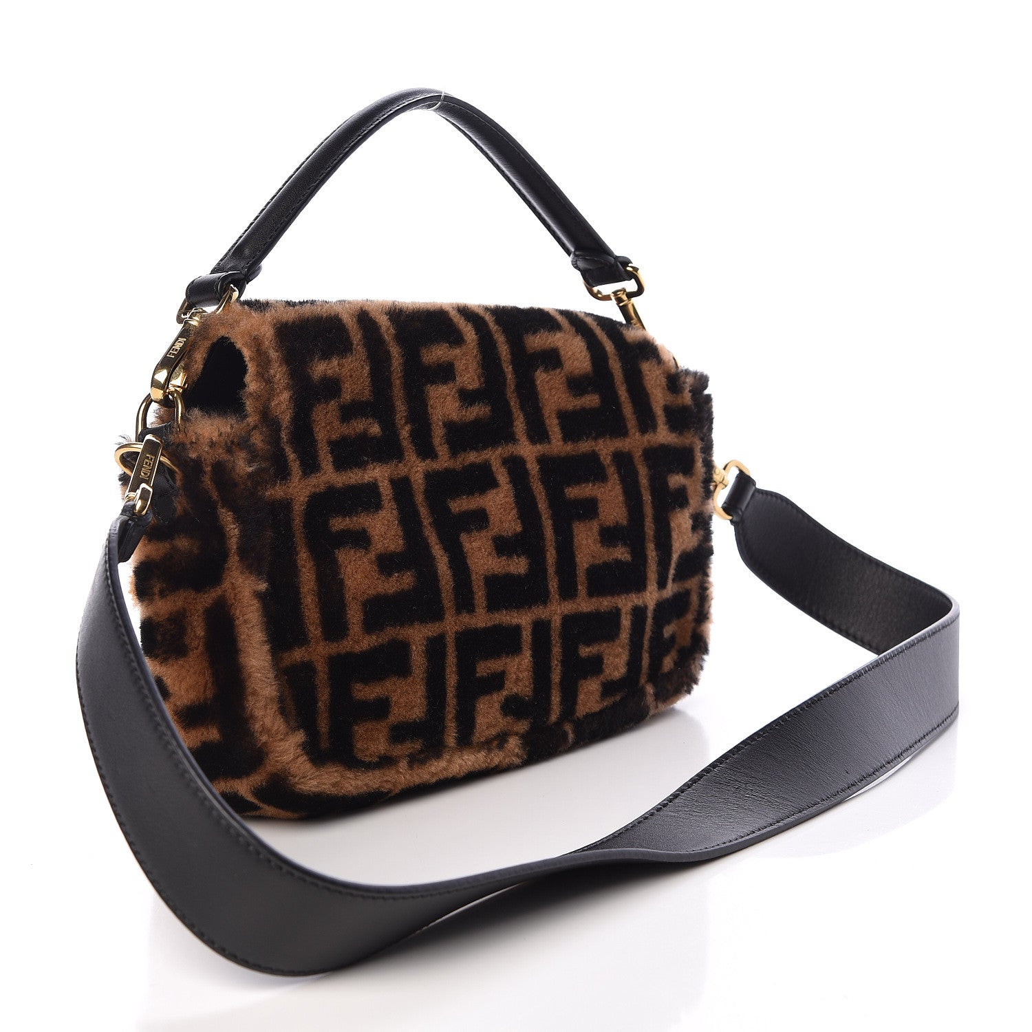 Fendi Shearling Vitello Dolce Macro FF 1974 Baguette Tobacco Black 4 of 11