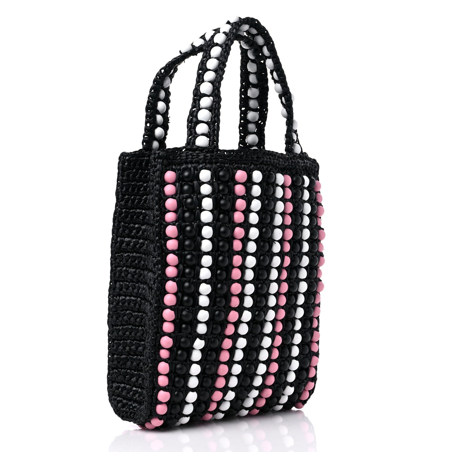 Raffia Wood Bead Embroidered Logo Tote Bag Black