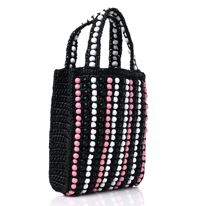 Prada Raffia Wood Bead Embroidered Logo Tote Bag Black 3 of 10