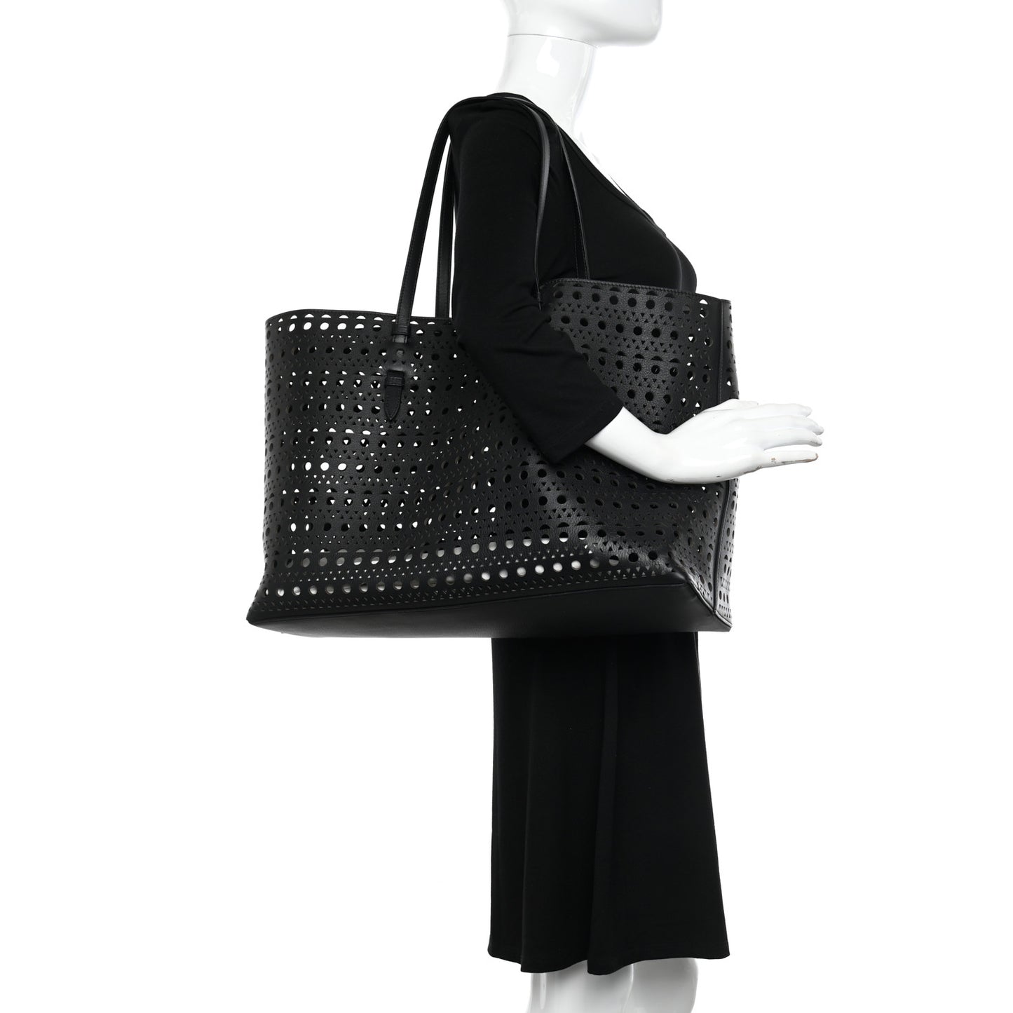 Lux Calfskin Optical Perforated Laser Cut Mina 44 Tote Black