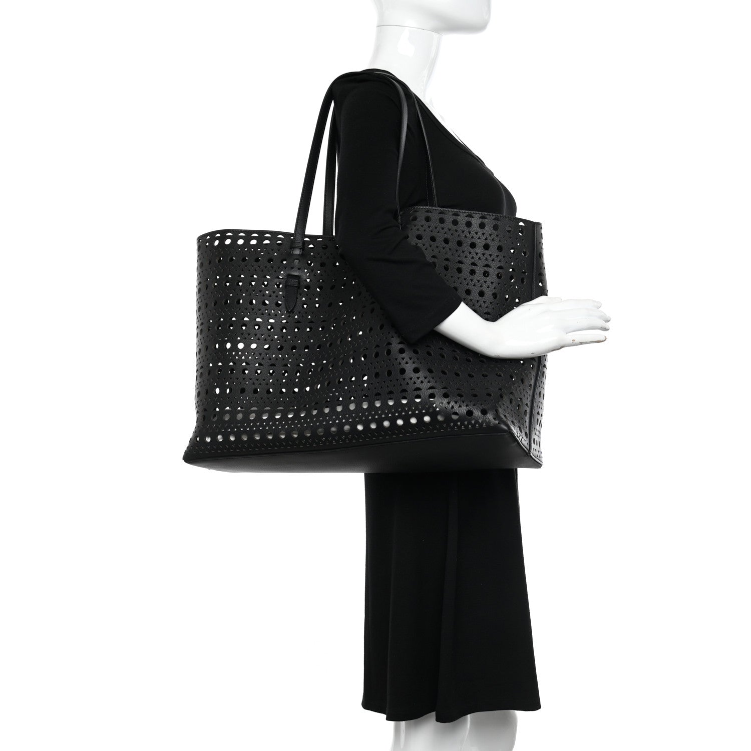 Alaia Lux Calfskin Optical Perforated Laser Cut Mina 44 Tote Black 2 of 11