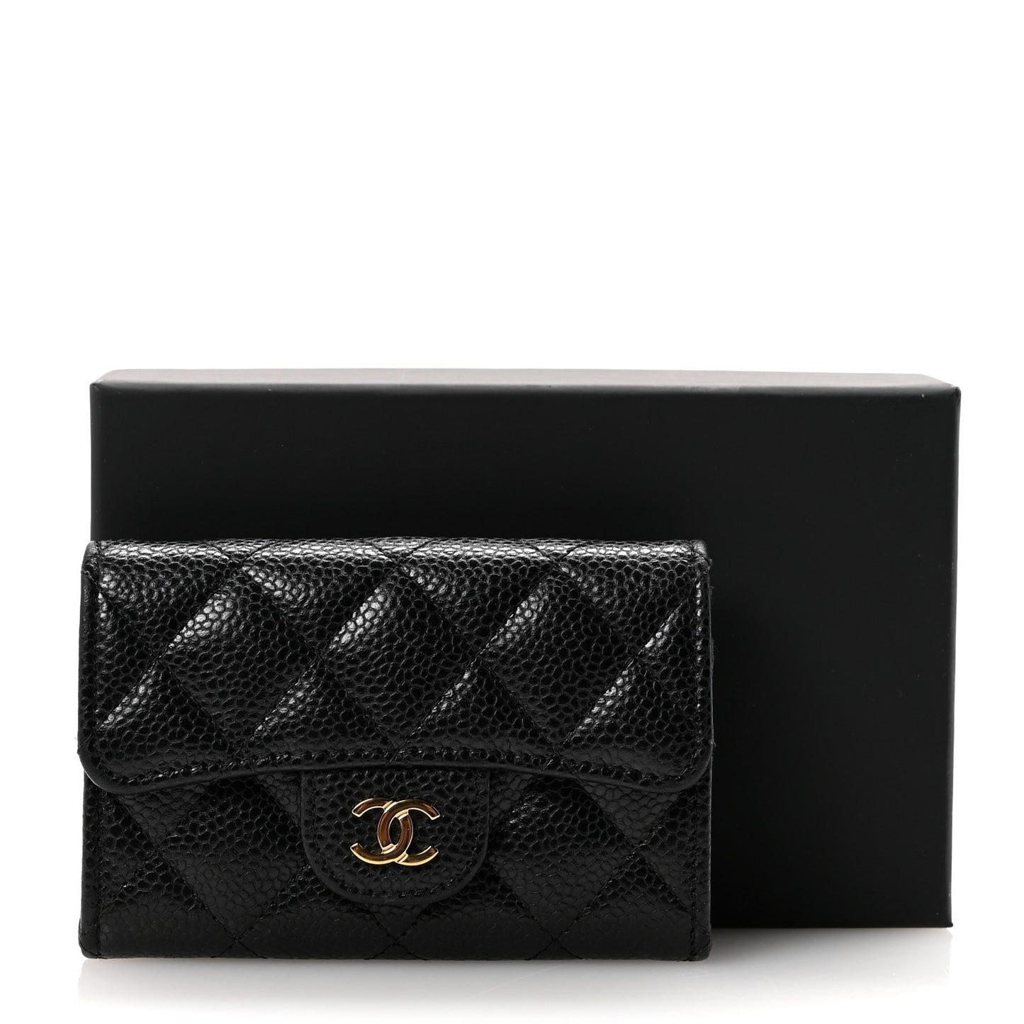 Caviar Quilted Flap Card Holder Wallet Black