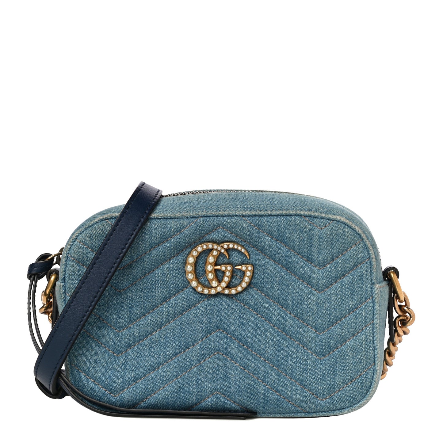 Denim Matelasse Mini Pearly GG Marmont Chain Shoulder Bag Blue