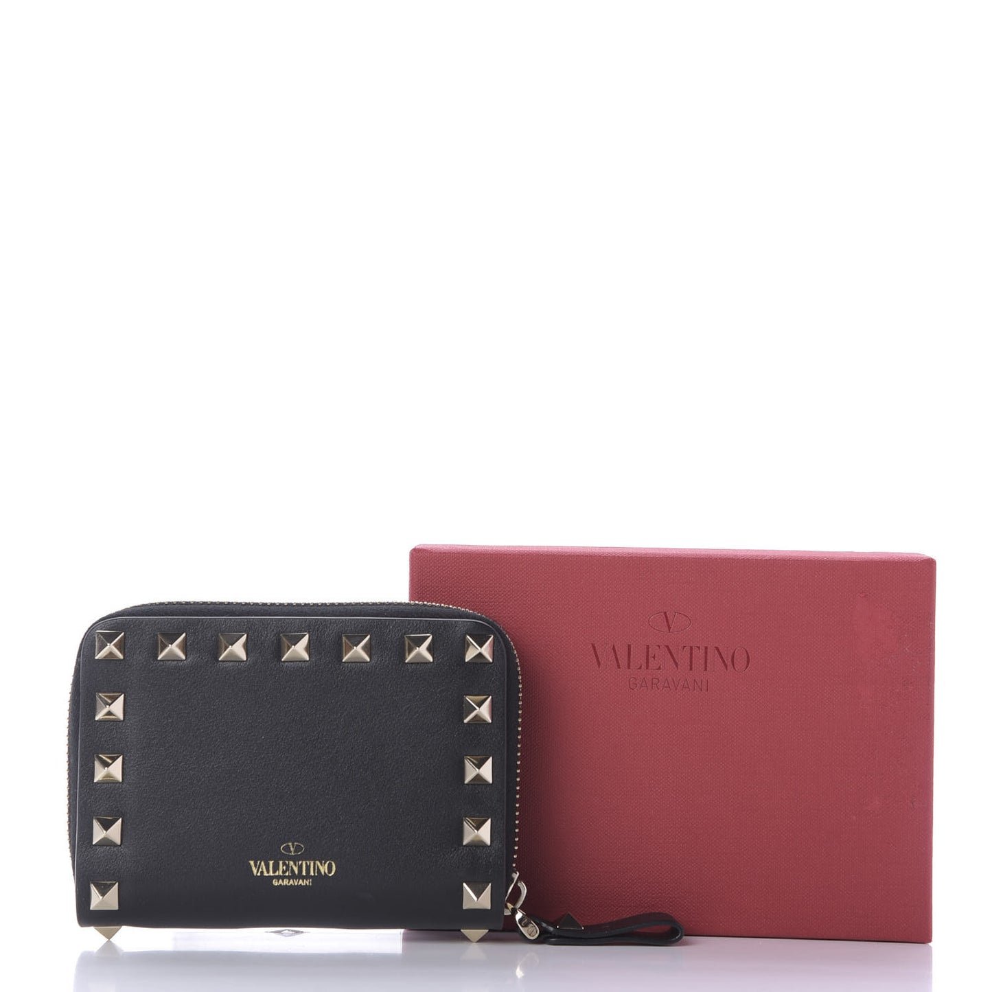 Calfskin Rockstud Zip Around Coin Case Card Holder Black