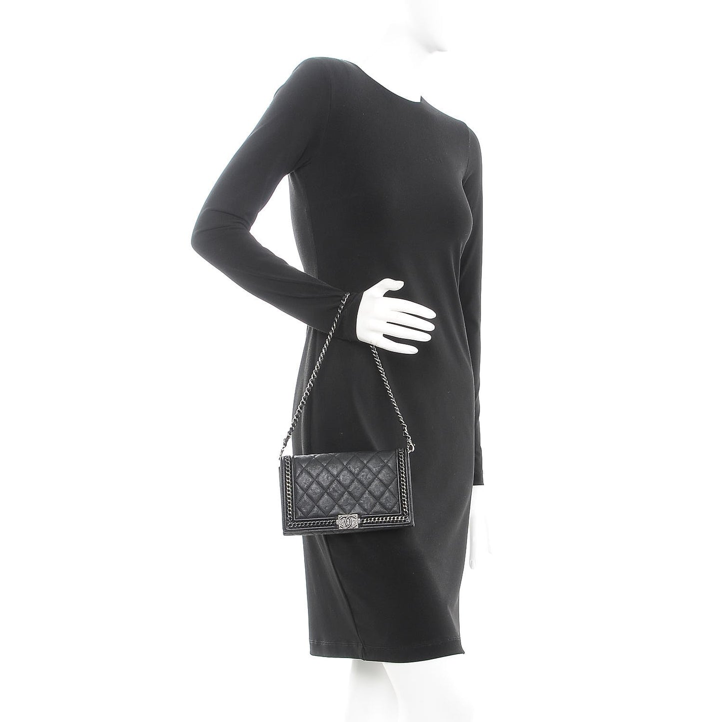 Calfskin Quilted Chain Around Boy Wallet On Removable Chain WOC Black