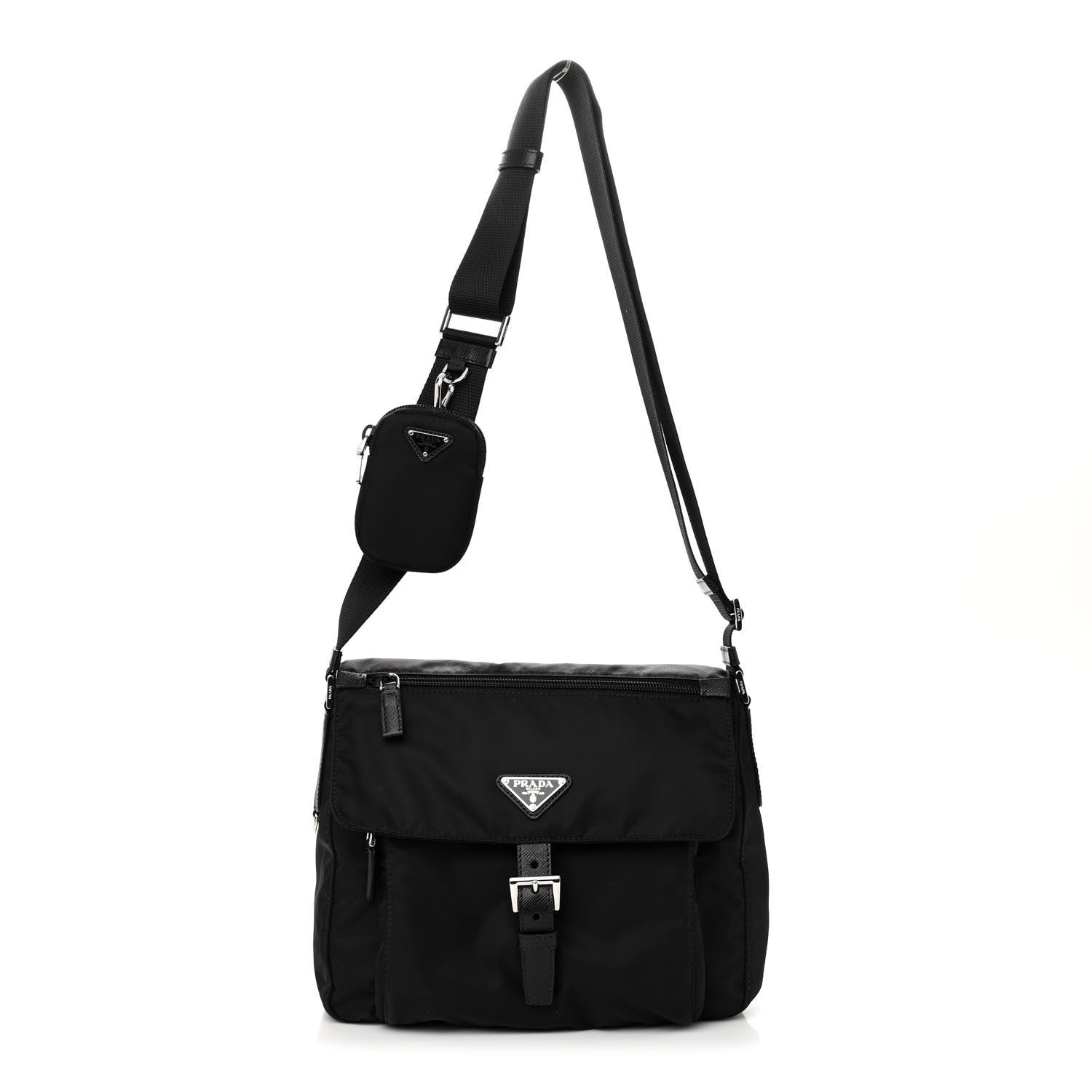 Prada Re-Nylon Vela Saffiano Pocket Single Buckle Messenger Shoulder Bag Black 1 of 9