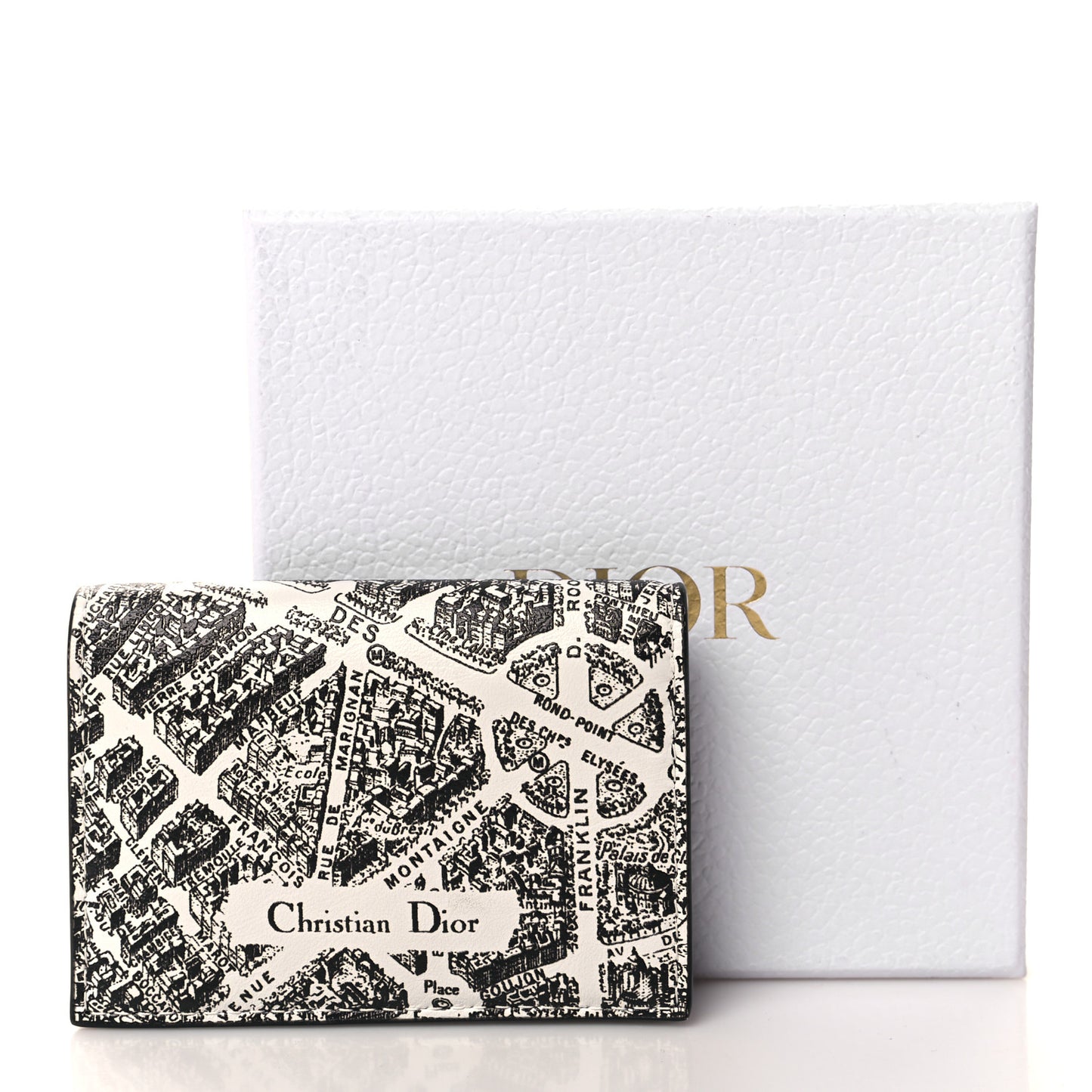 Calfskin Plan De Paris Print Flap Card Holder White Black