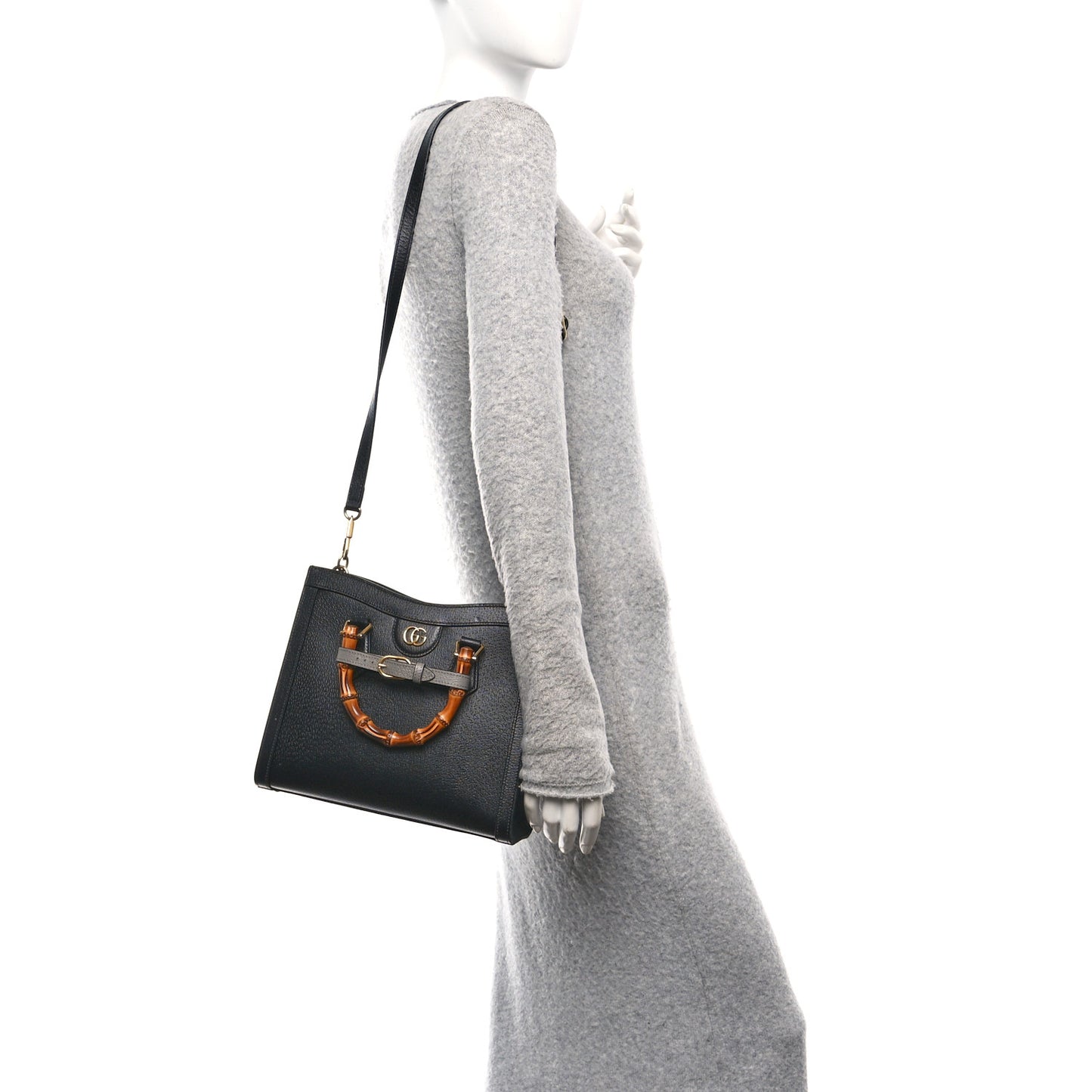 Textured Dollar Calfskin Web Small Diana Tote Bag Black Dusty Grey