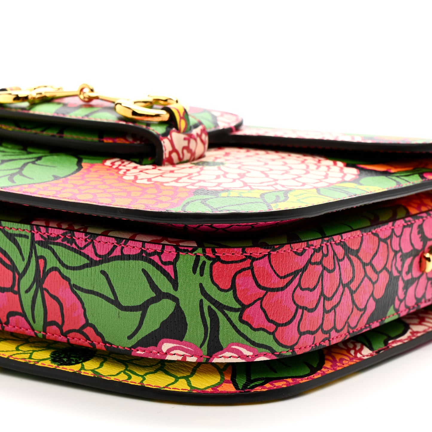 X KEN SCOTT New Shangai Calfskin Pomponica Print Horsebit 1955 Shoulder Bag Multicolor Fuxia Pompon