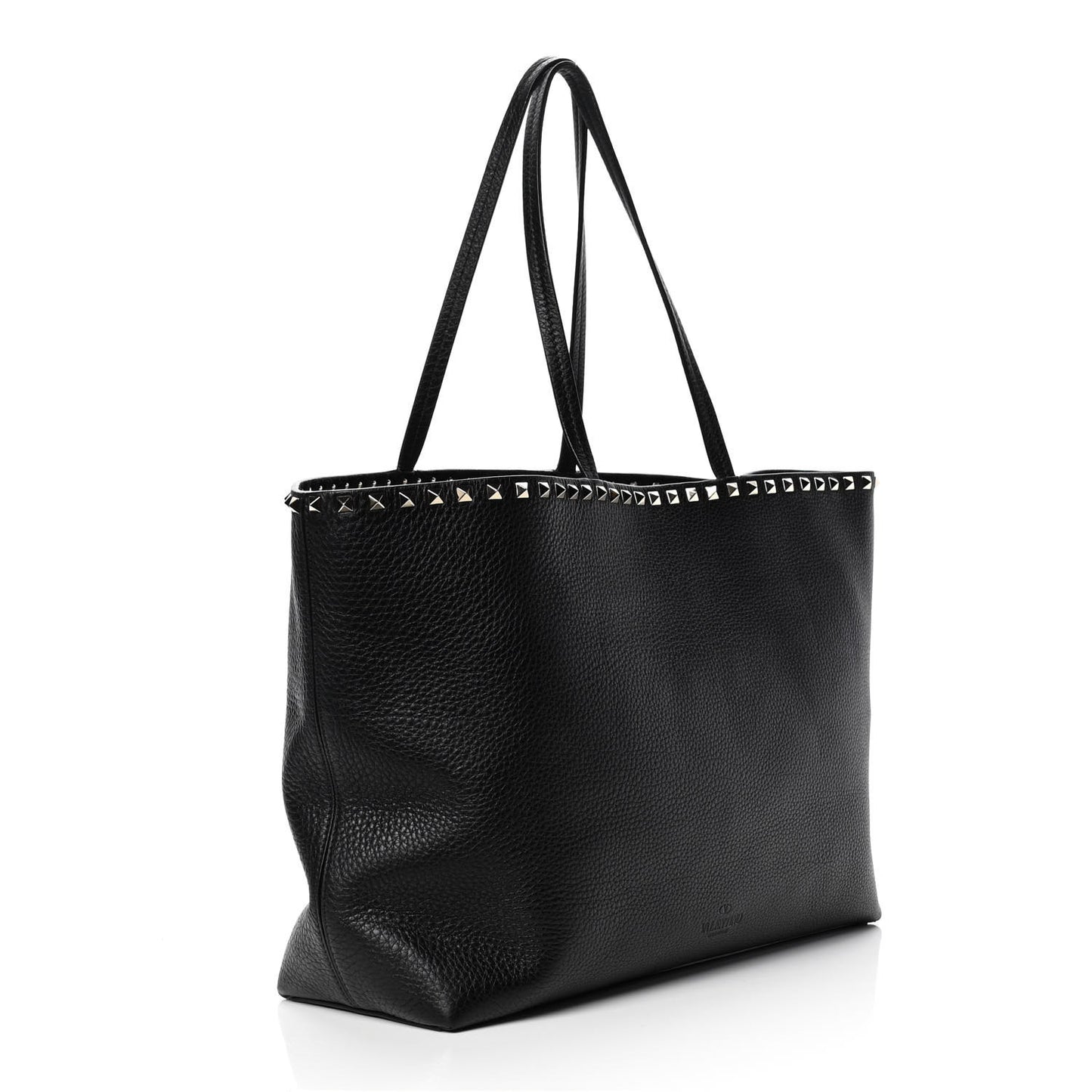 Grained Calfskin Rockstud Shoulder Tote Black