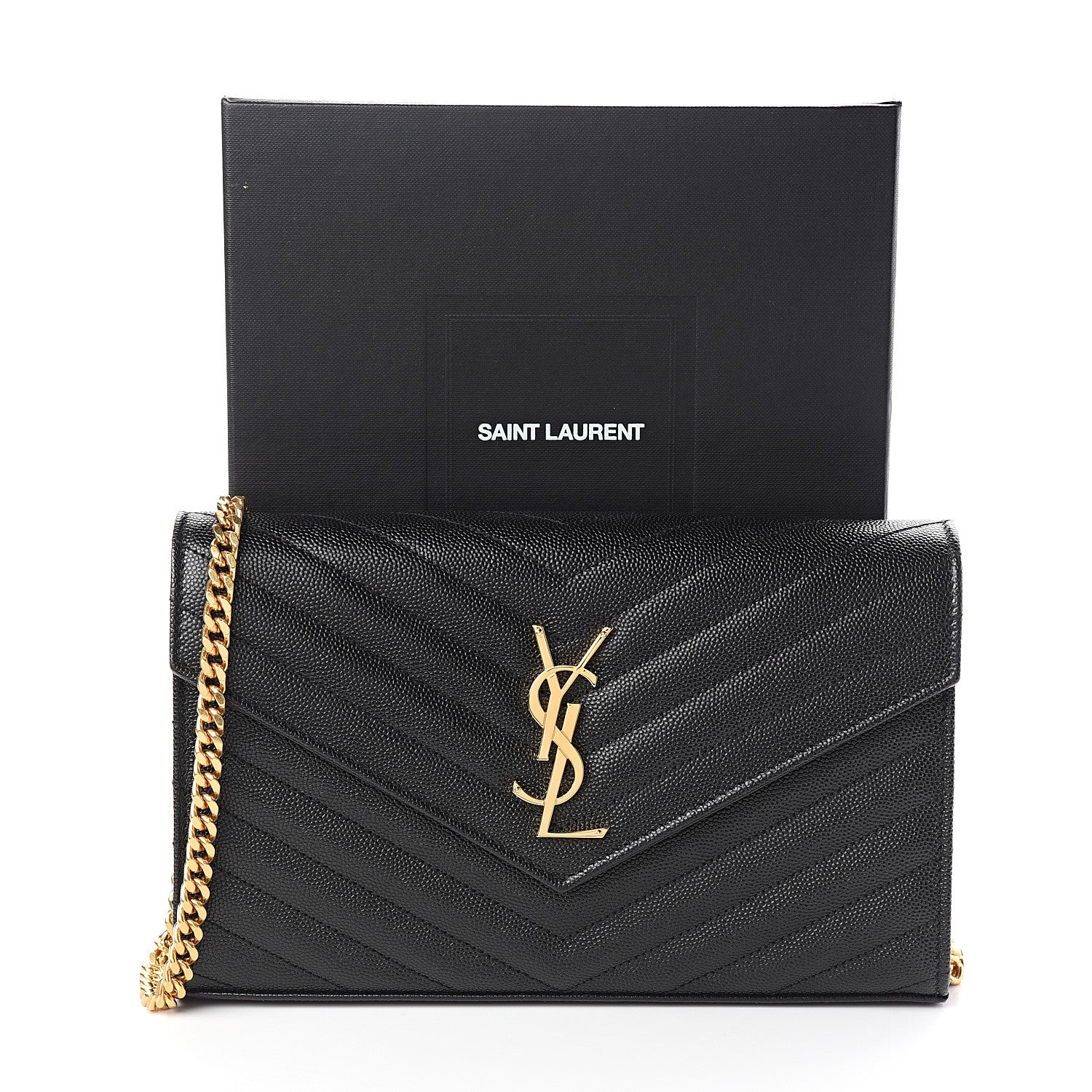 Saint Laurent Grain De Poudre Matelasse Chevron Monogram Chain Wallet Black 9 of 9